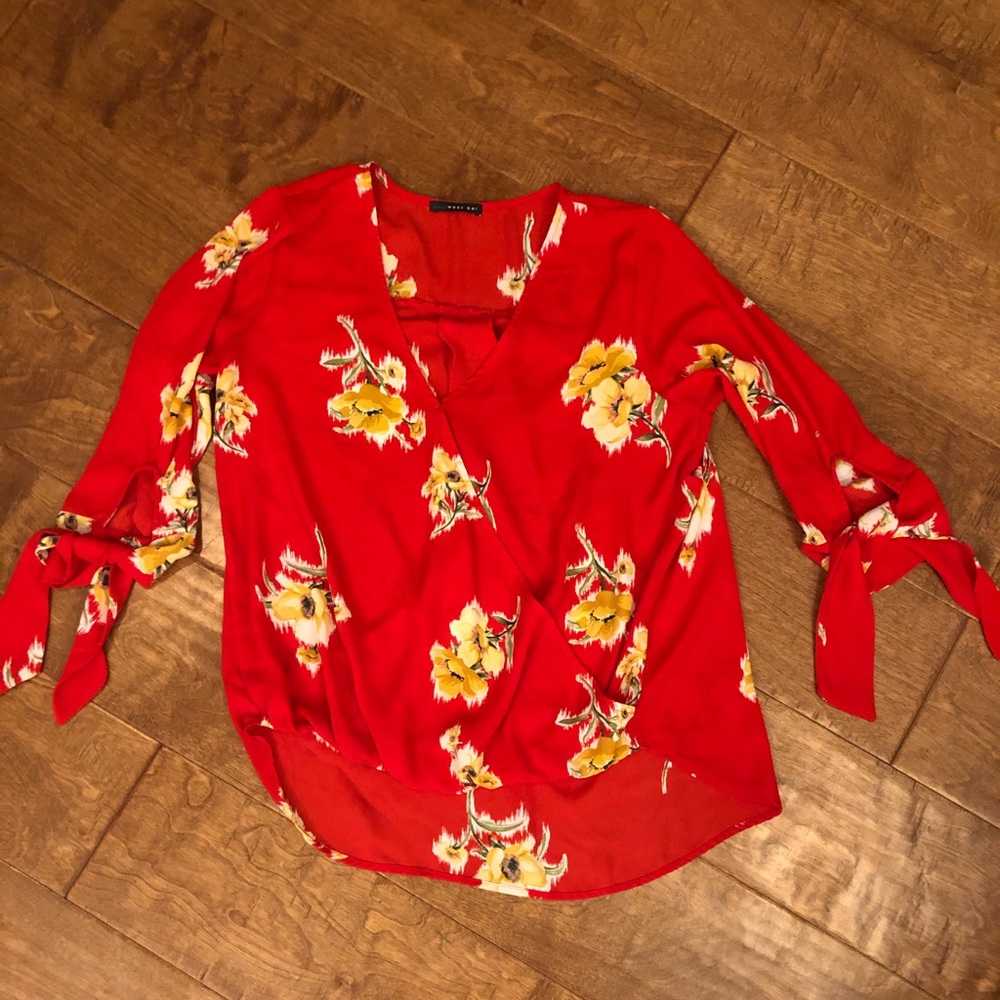 West Kei Red and Yellow Flower cinch waist Blouse